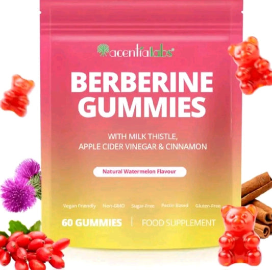 acentiallabs Berberine Gummies 400mg pouch with red gummies, berries and cinnamon decorations