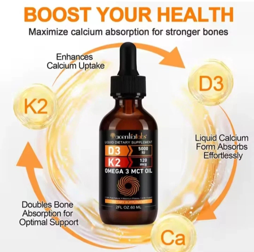 Supplement bottle with vitamins D3, K2, and Omega 3 MCT Oil on a white background.