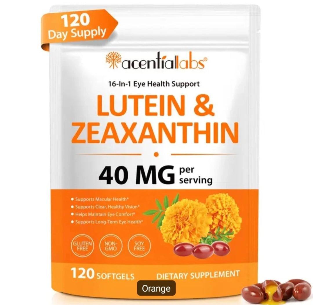 A stand-up pouch of acentualabs Lutein & Zeaxanthin dietary supplement, 40 mg per serving, 120 softgels. The packaging is white and orange with illustrations of marigold flowers and zeaxanthin droplets.
