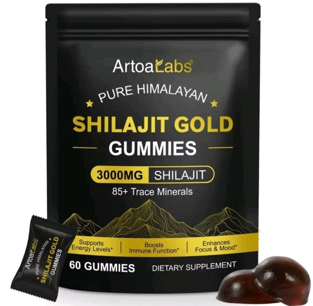 Artoa Labs Shilajit Gold Gummies packaging with gummies on a white background