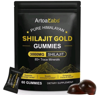 Artoa Labs Shilajit Gold Gummies packaging with gummies on a white background