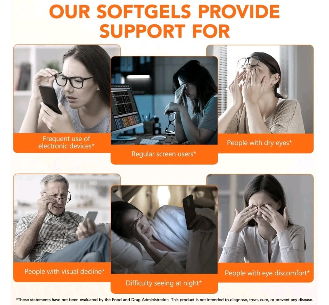 An informational marketing graphic with the headline 'OUR SOFTGELS PROVIDE SUPPORT FOR' above six panels showing people using phones, working at a desk, rubbing their eyes, and resting in bed. Orange text boxes label each scenario, and a disclaimer note appears at the bottom.