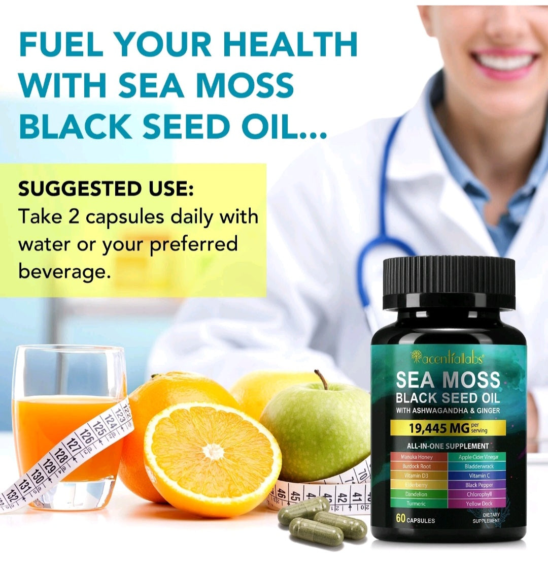 Supplement bottle labeled 'Sea Moss Black Seed Oil' with health-related imagery including a glass of juice, oranges, and a measuring tape.
