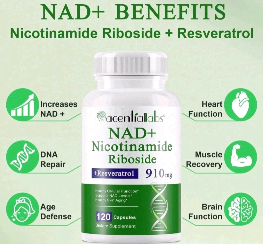 Supplement bottle labeled 'NAD+ Nicotinamide Riboside + Resveratrol' with benefits listed on a green background