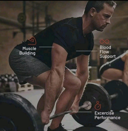 Man lifting weights with text labels on muscle building, blood flow support, and exercise performance.