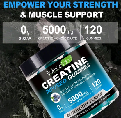 Hollman Labs Creatine Infused Gummies container with product details on a dark background