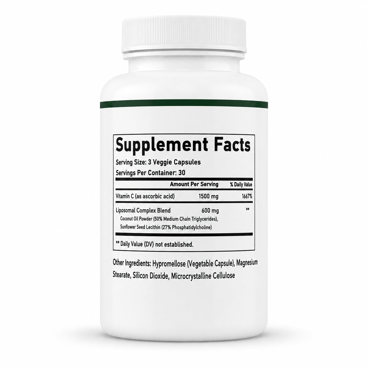 Vitarosa Liposomal Vitamin C supplement facts showing 1,500mg vitamin C and 600mg liposomal complex
