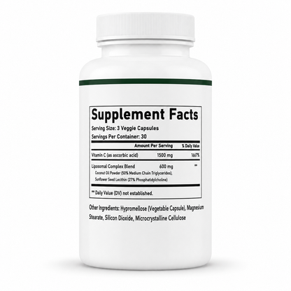 Vitarosa Liposomal Vitamin C supplement facts showing 1,500mg vitamin C and 600mg liposomal complex