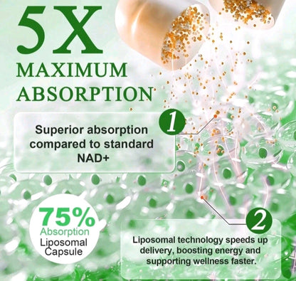 Liposomal technology graphic with 5x maximum absorption and liposomal capsule illustration.