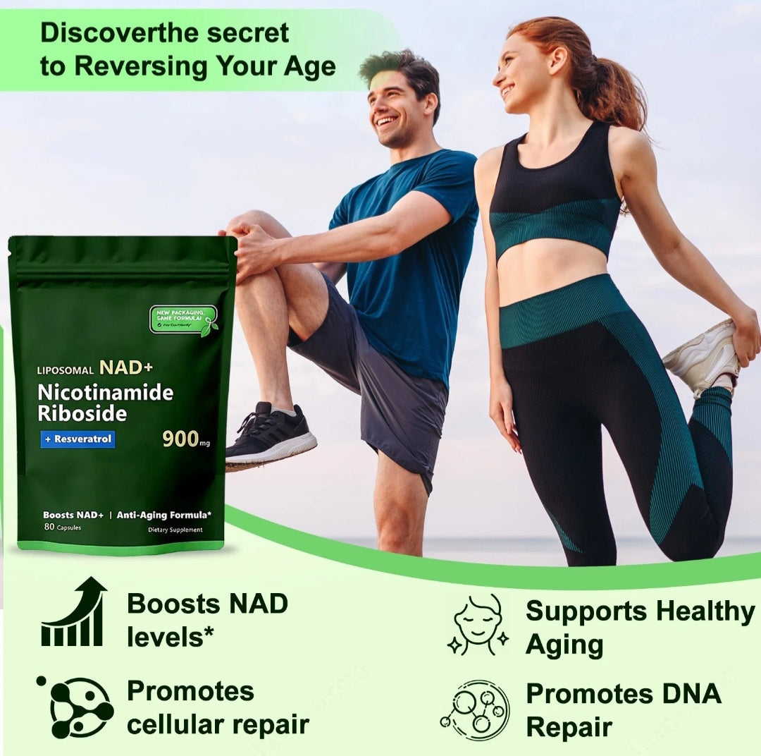 Liposomal NAD+ pouch beside a man and woman stretching outdoors in an active lifestyle product graphic
