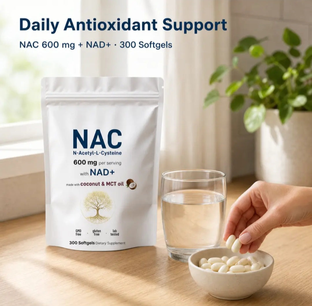 NAC with NAD+ pouch, softgels and a glass of water on a table.