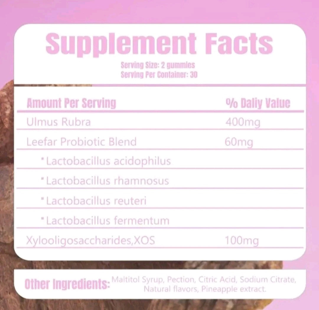 Supplement facts label on a pink background with gummies.