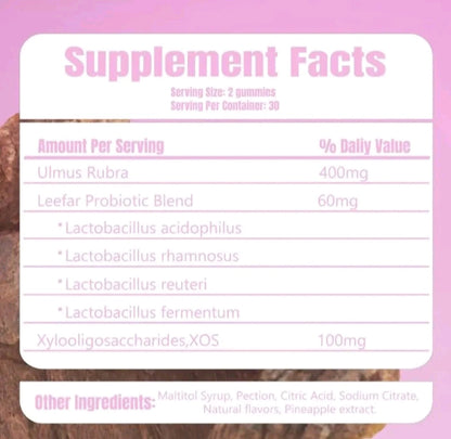 Supplement facts label on a pink background with gummies.