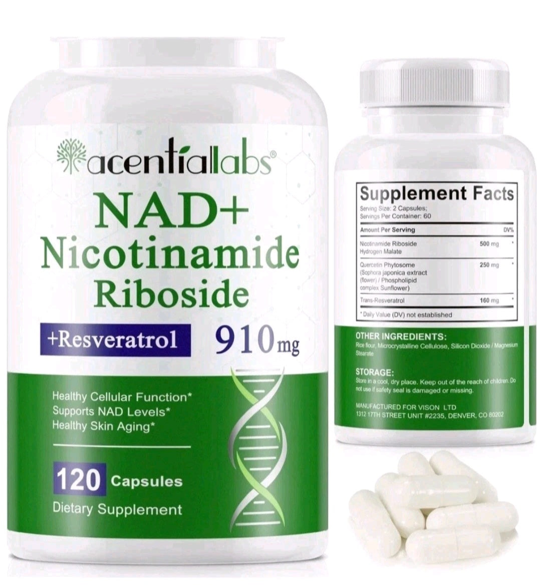 Supplement bottle labeled 'NAD+ Nicotinamide Riboside' by Acentialabs with capsules on a white background.
