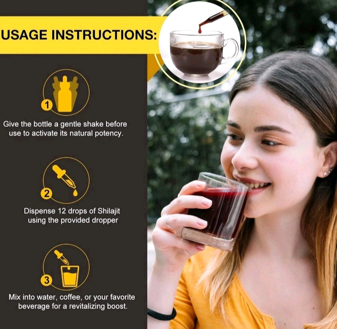 Usage instructions for a Shilajit product with a woman drinking a glass of red liquid outdoors.