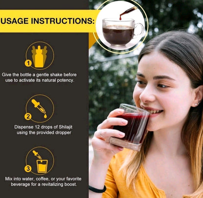 Usage instructions for a Shilajit product with a woman drinking a glass of red liquid outdoors.