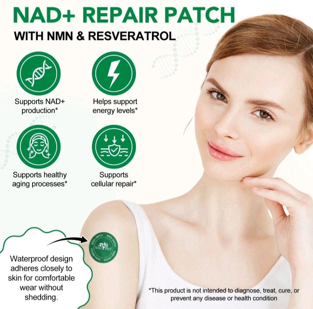 Woman with a NAD+ repair patch on her shoulder, featuring benefits and product details.