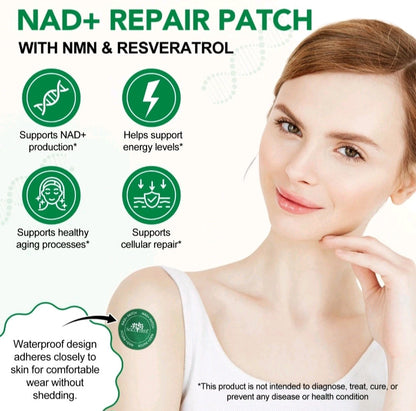 Woman with a NAD+ repair patch on her shoulder, featuring benefits and product details.