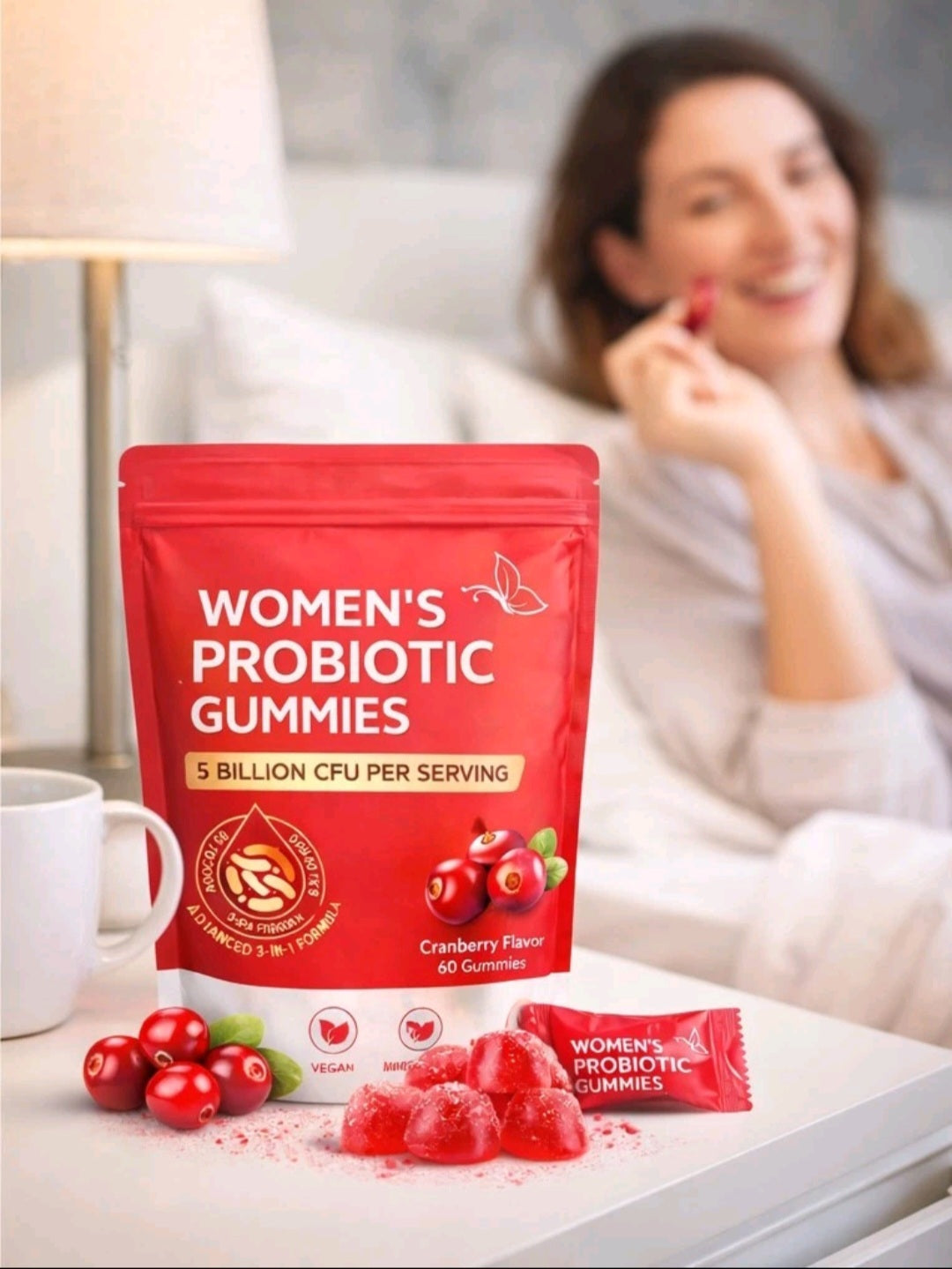 Red package of women's probiotic gummies with a woman eating gummies in the background.
