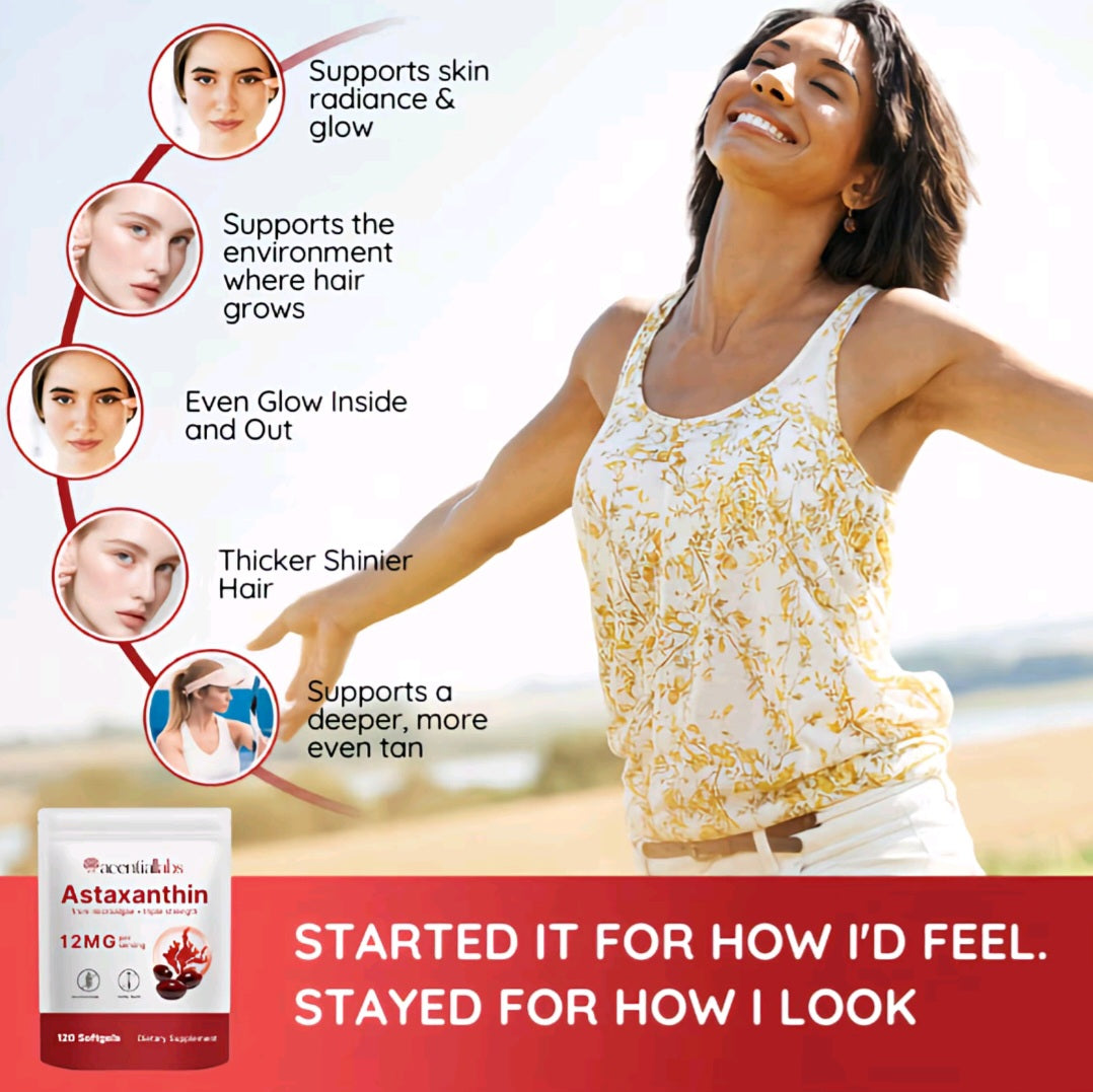 A promotional lifestyle graphic for Acutisks Astaxanthin dietary supplement. It features a smiling woman outdoors on the right, with five circular inset photos of a woman's face showing different skin tones connected by red lines and text describing benefits.