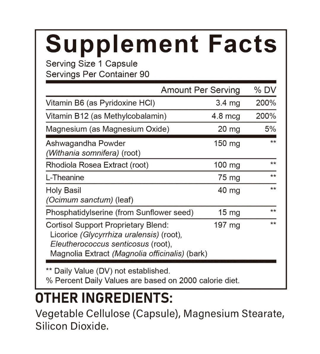 Lemn Cortisol Support Supplement Facts label listing vitamins, minerals, amino acids and botanicals