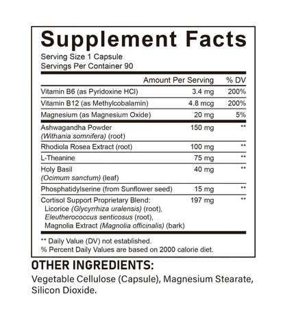 Lemn Cortisol Support Supplement Facts label listing vitamins, minerals, amino acids and botanicals