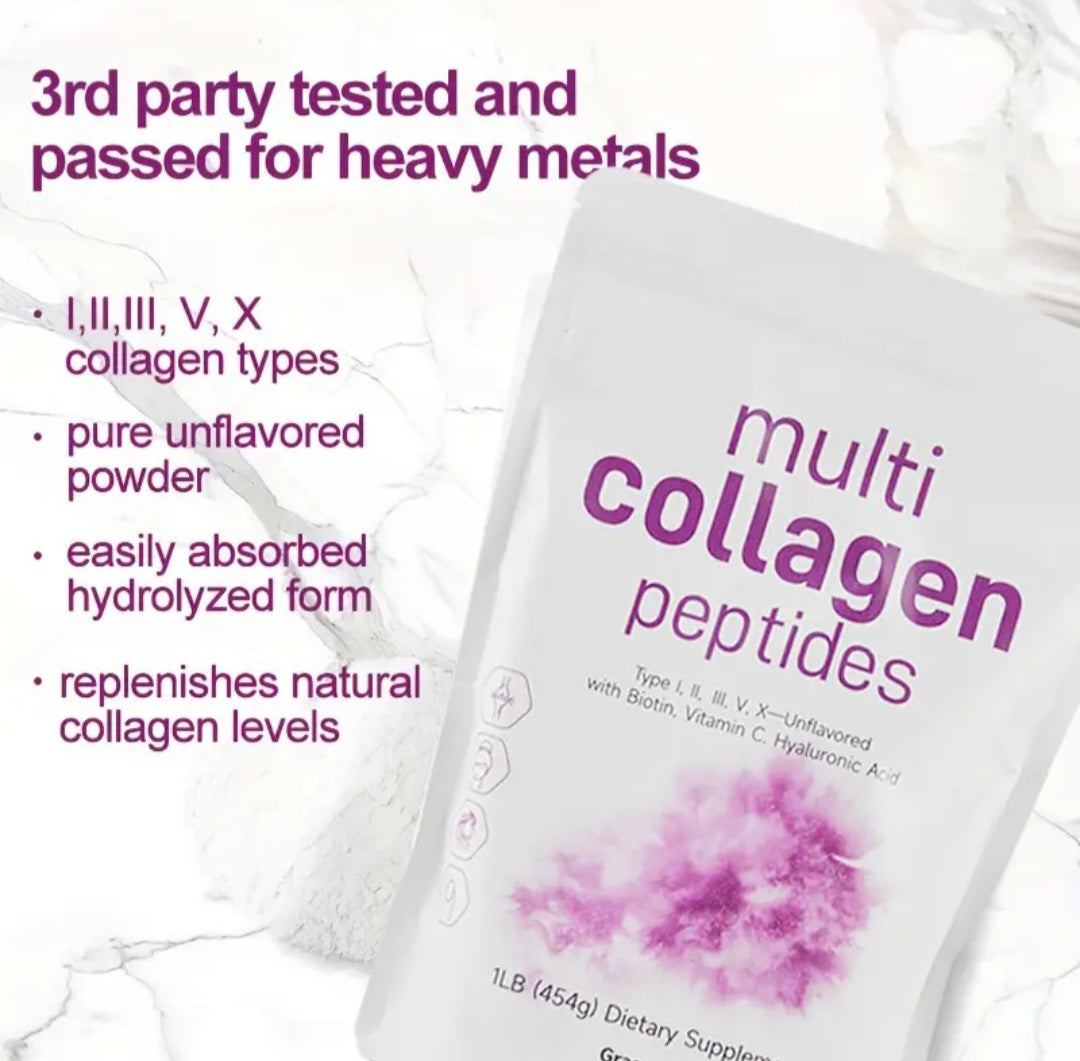 Package of multi collagen peptides with text about testing and benefits.