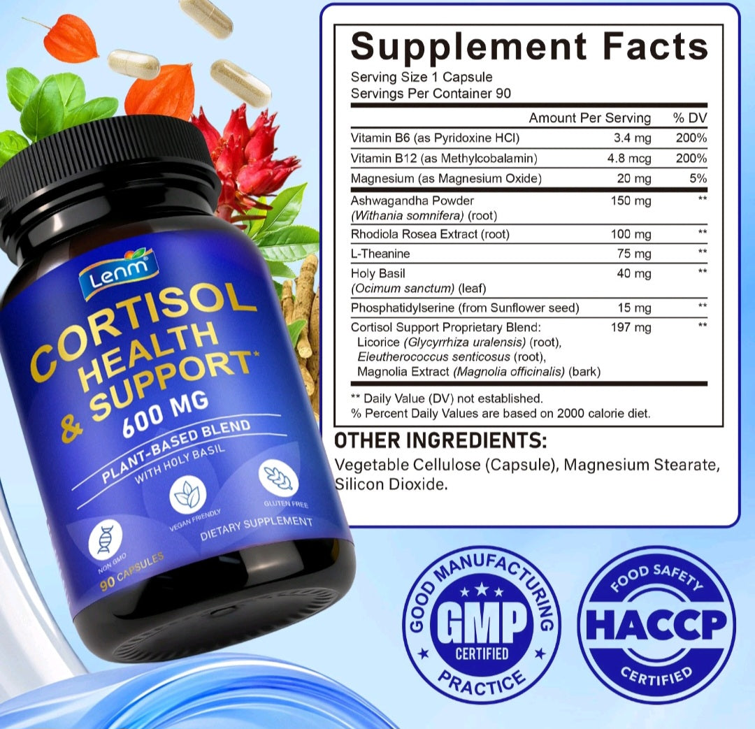 Lemn Cortisol Support 600mg bottle beside Supplement Facts panel and product badges