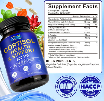 Lemn Cortisol Support 600mg bottle beside Supplement Facts panel and product badges