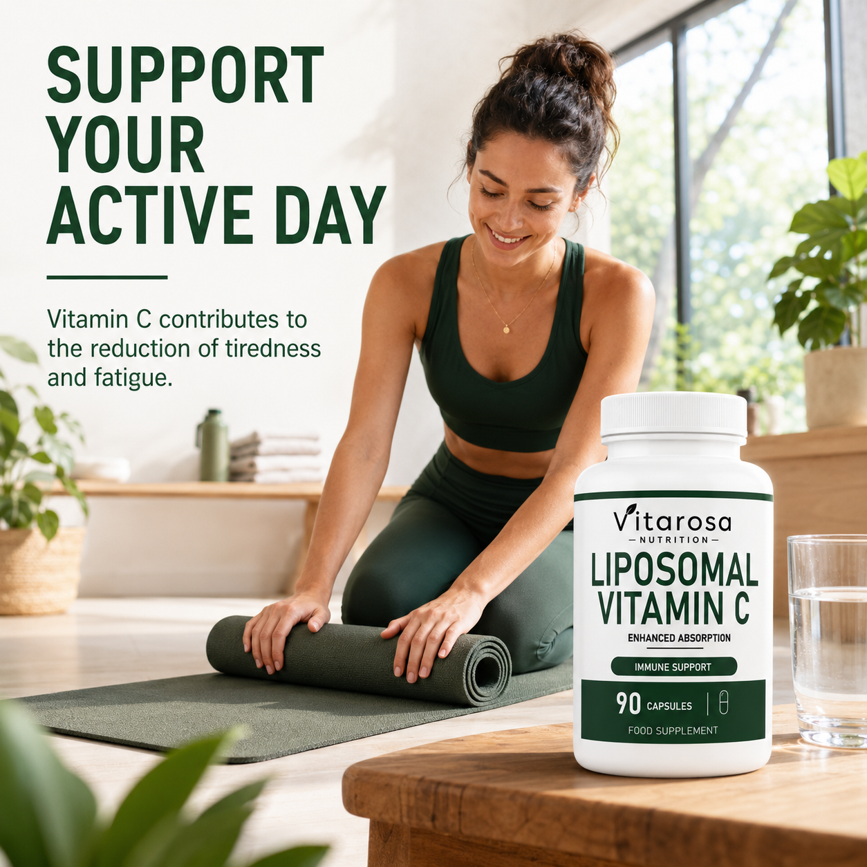 Woman stretching beside a bottle of Vitarosa Liposomal Vitamin C