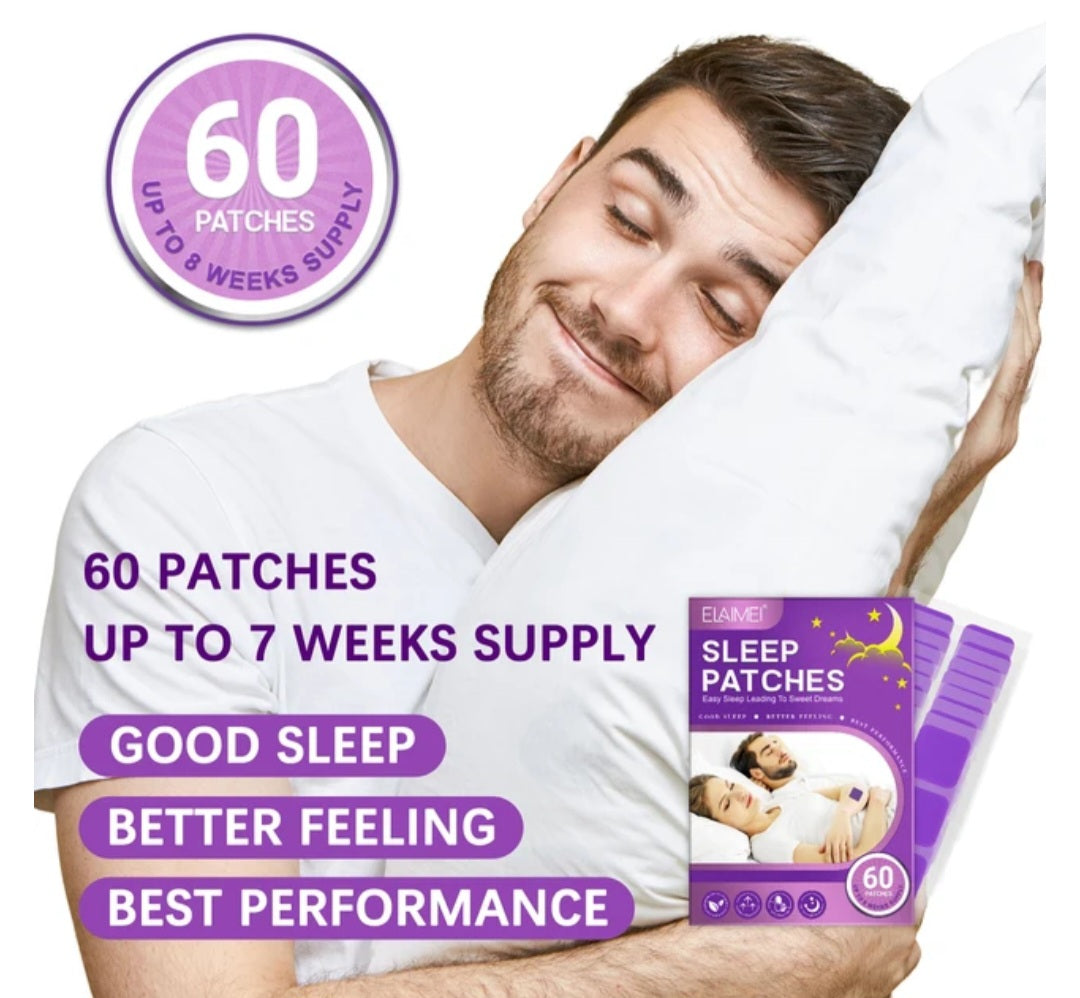 Man sleeping with a pillow, surrounded by text and a package of sleep patches.
