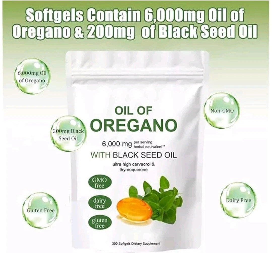 Supplement package of Oil of Oregano with black seed oil on a white background