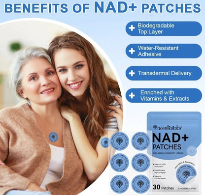 Advertisement for NAD+ patches showing two women with patches on their skin and a package of NAD+ patches.