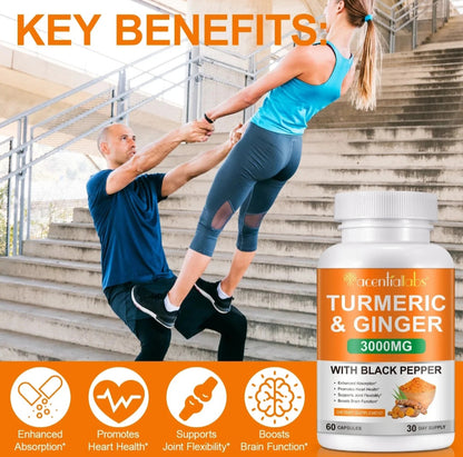 Two people exercising outdoors with a bottle of Turmeric & Ginger supplement in the foreground.