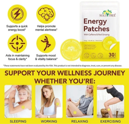 Advertisement for Energy Patches with Solotree branding, highlighting benefits and usage scenarios.