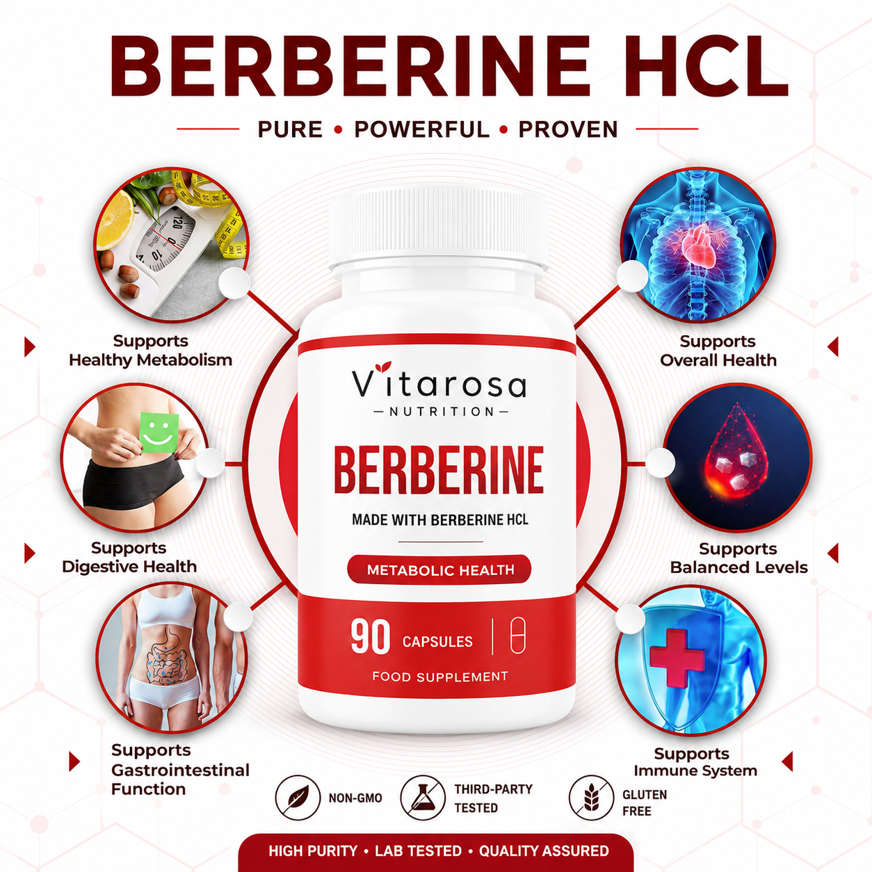 Berberine HCL supplement bottle by Vitarosa Nutrition, featuring a white bottle with a red label, surrounded by six circular icons highlighting health benefits such as metabolic health, digestive health, and immune system support on a white background.
