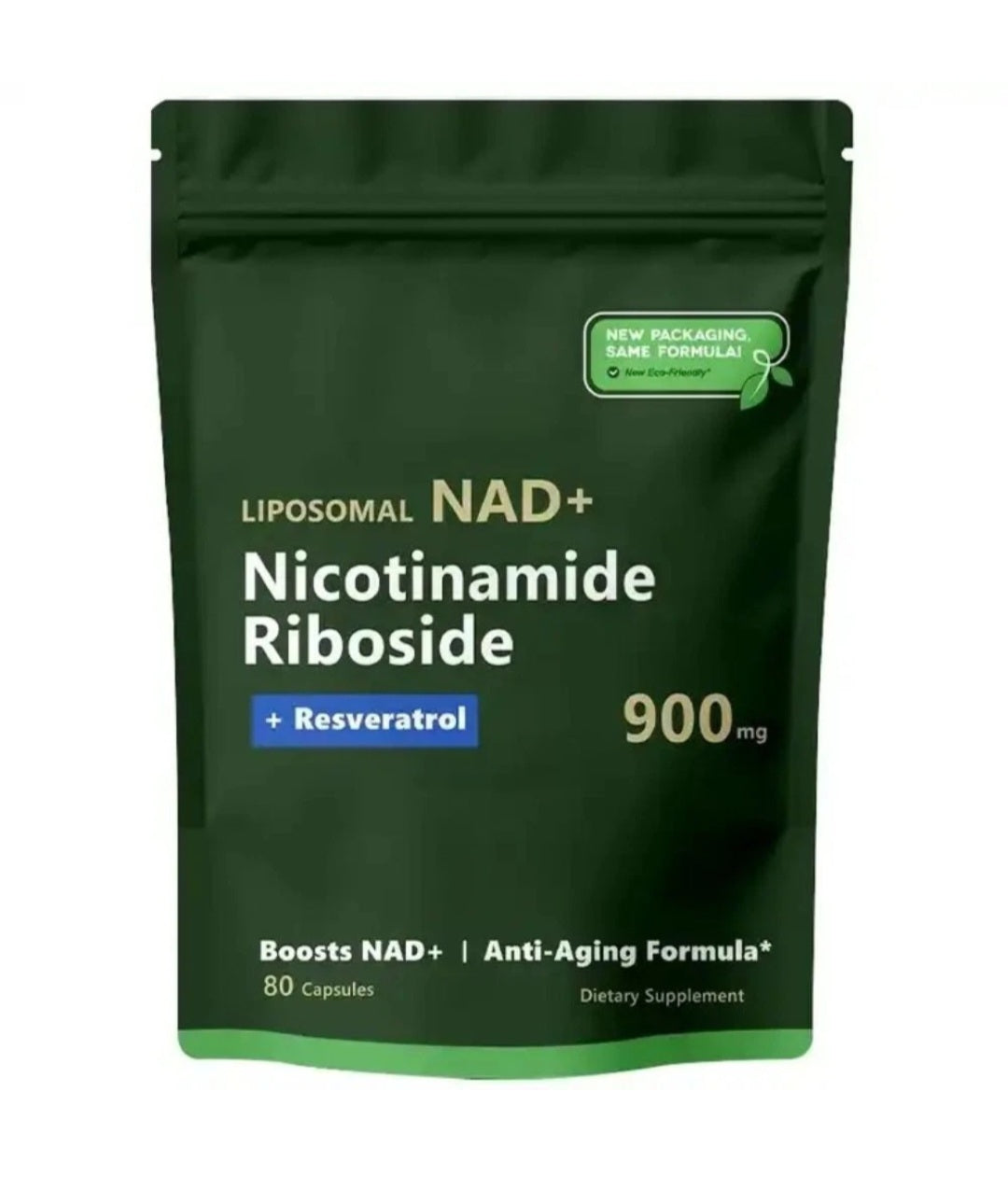 Front of the dark green Liposomal NAD+ pouch showing nicotinamide riboside with resveratrol, 900mg and 80 capsules