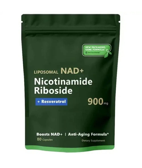 Front of the dark green Liposomal NAD+ pouch showing nicotinamide riboside with resveratrol, 900mg and 80 capsules
