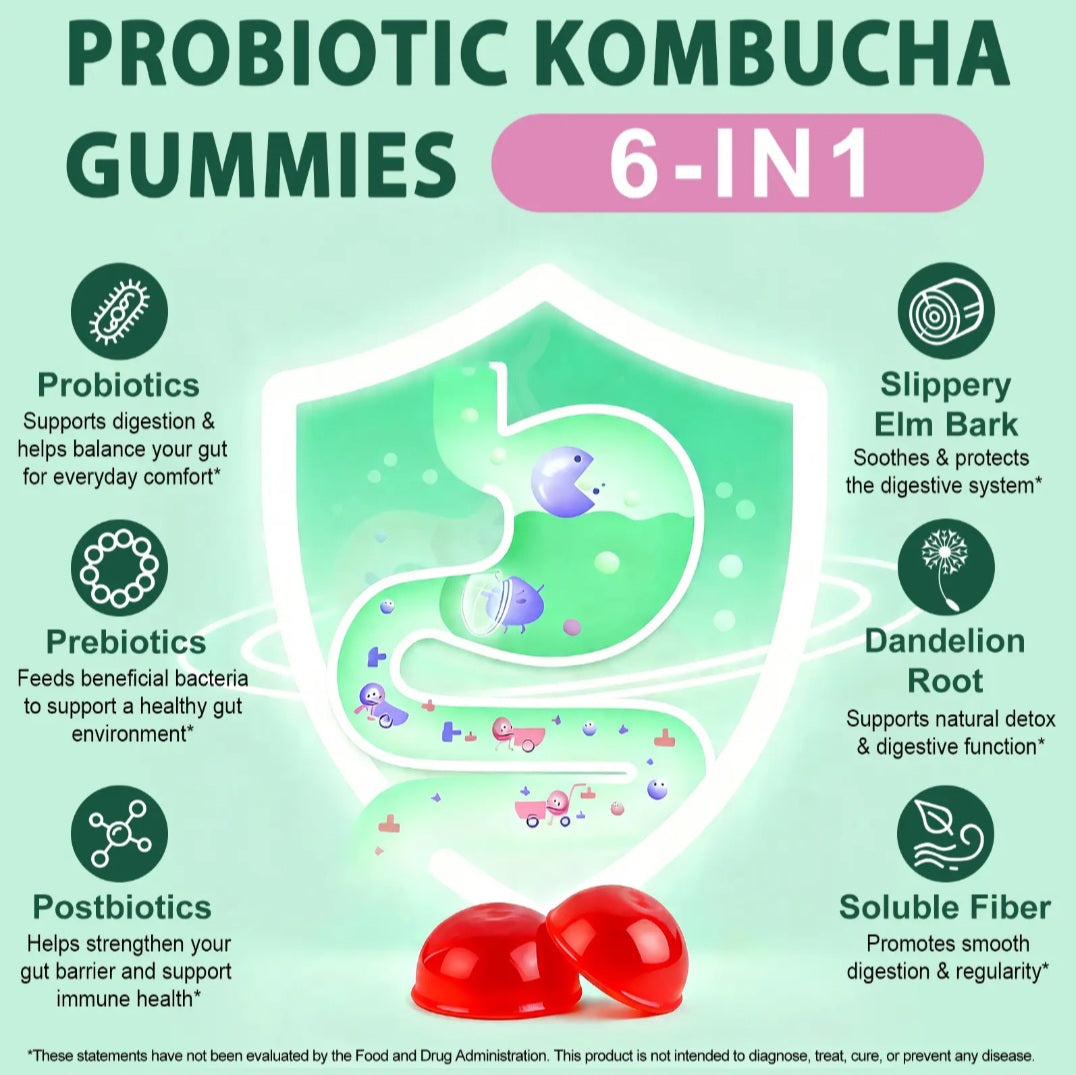 An infographic-style product image for Probiotic Kombucha Gummies. The design features a mint green background with a central white shield containing a stylized digestive tract illustration.