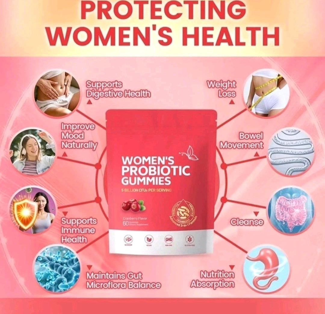 Advertisement for women's probiotic gummies with health benefits on a pink background
