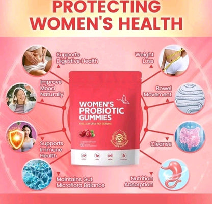Advertisement for women's probiotic gummies with health benefits on a pink background