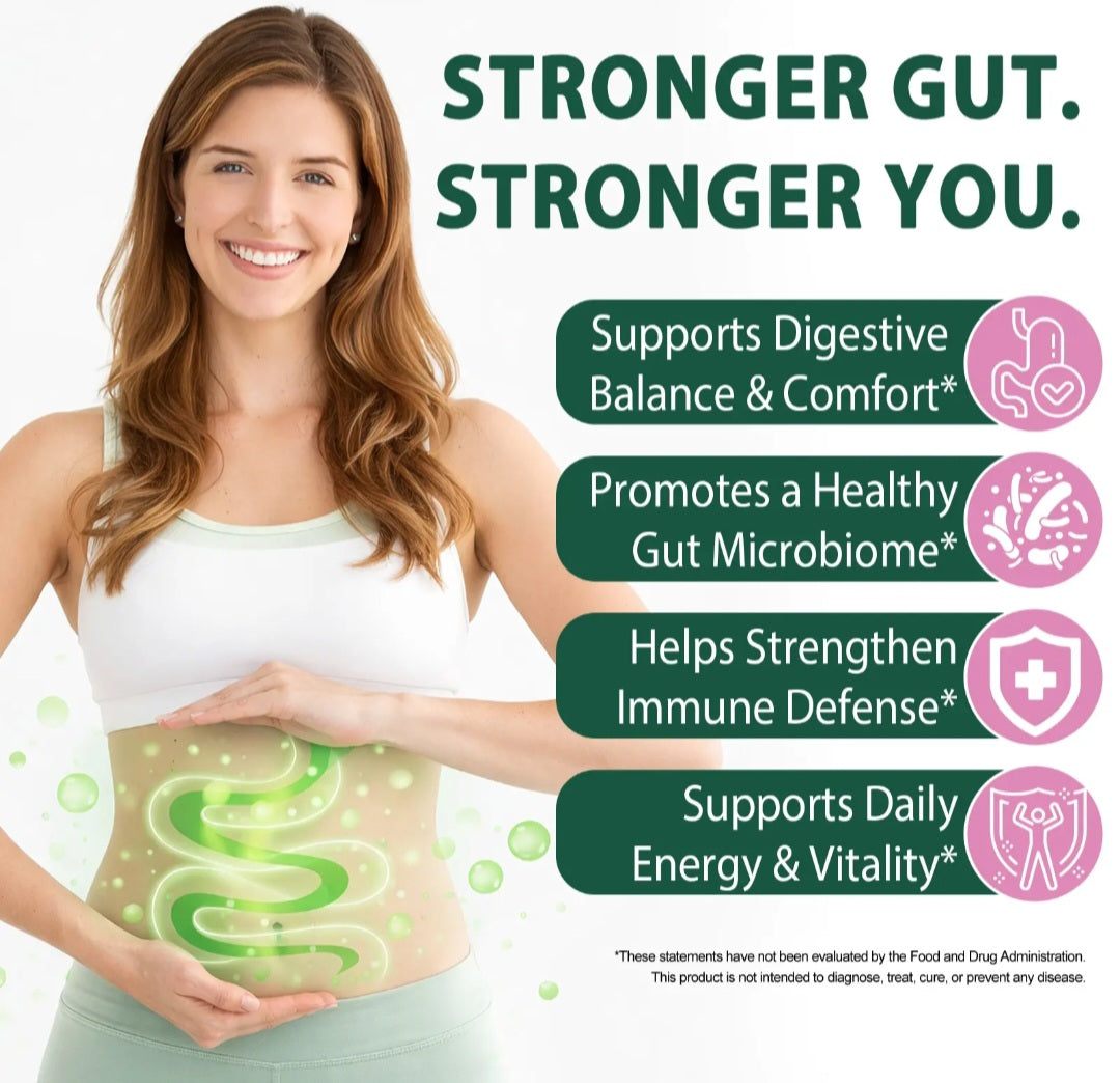 A smiling woman in a white tank top stands against a white background, with a green glowing digestive tract graphic overlaid on her abdomen. Large text reads 'STRONGER GUT.