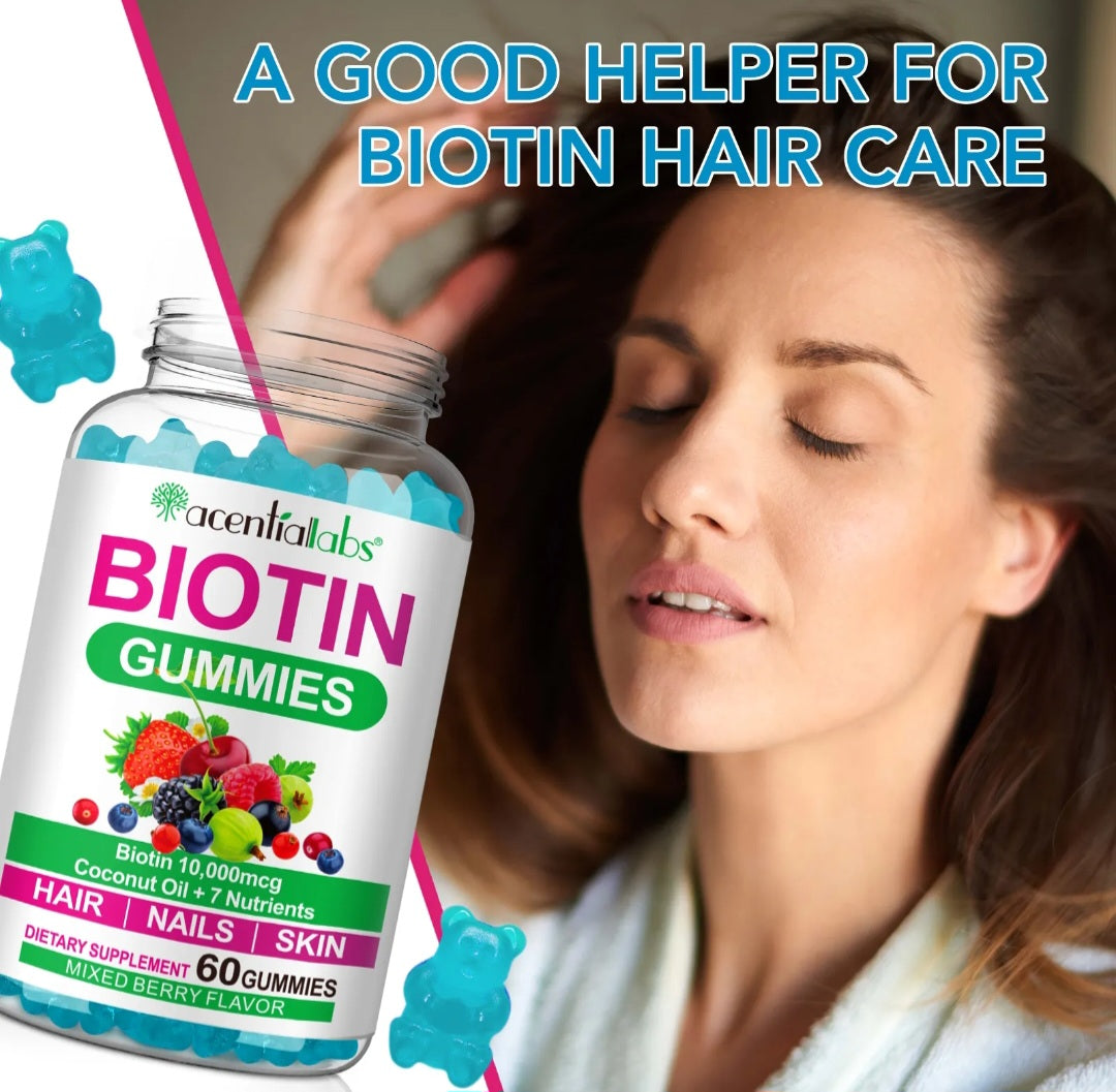 Biotin gummies bottle with a woman combing her hair, labeled as a good helper for biotin hair care.