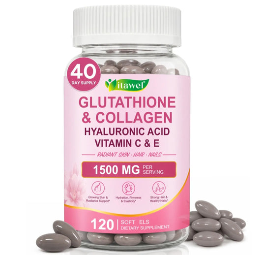 A bottle of Itavel Glutathione & Collagen dietary supplement with a white cap and pink label, shown on a white background with several gray capsules scattered around the base.