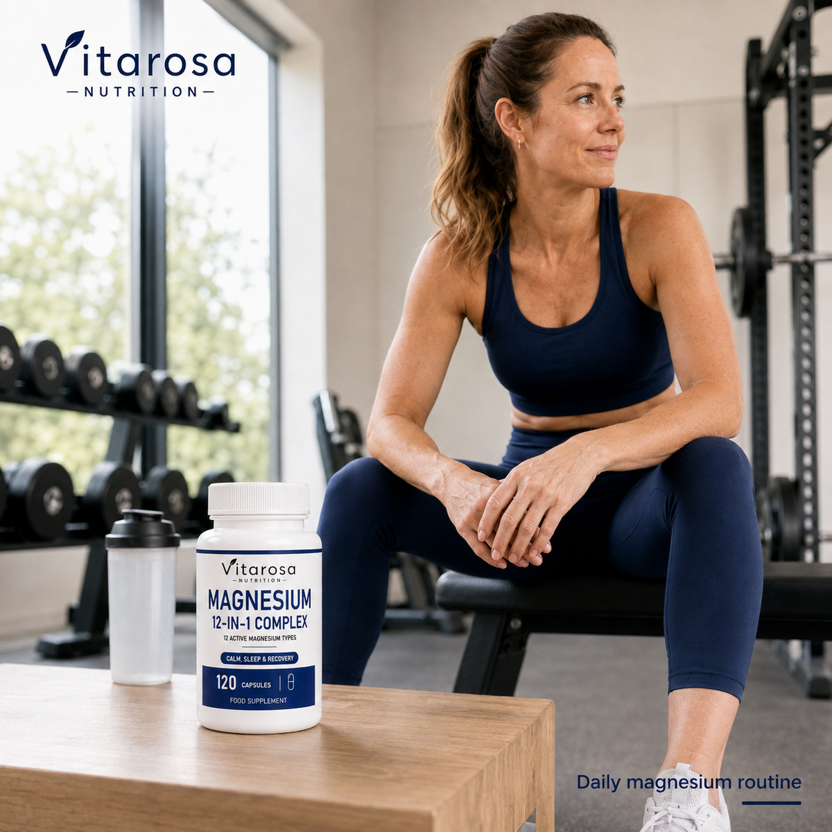 A woman in a gym setting sits on a bench while a bottle of Vitarosa Magnesium 12-in-1 Complex supplement is placed on a wooden table in the foreground.