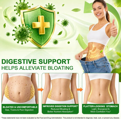 Promotional graphic for a digestive support product, featuring a smiling woman in a white tank top and jeans with a glowing stomach illustration, alongside three before-and-after belly photos and a green shield icon with a gold plus on a light green background.