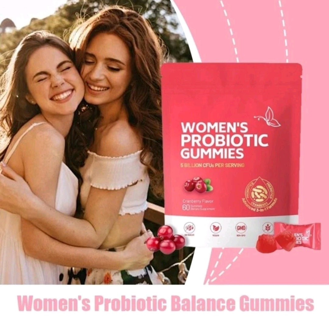 Two women hugging with a package of Women's Probiotic Gummies in the foreground.