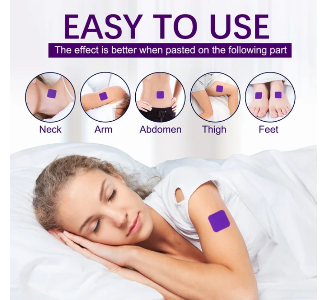 Woman lying down with patches on neck, arm, abdomen, thigh, and foot areas, with text 'Easy to Use' and 'The effect is better when pasted on the following part'.