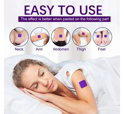 Woman lying down with patches on neck, arm, abdomen, thigh, and foot areas, with text 'Easy to Use' and 'The effect is better when pasted on the following part'.