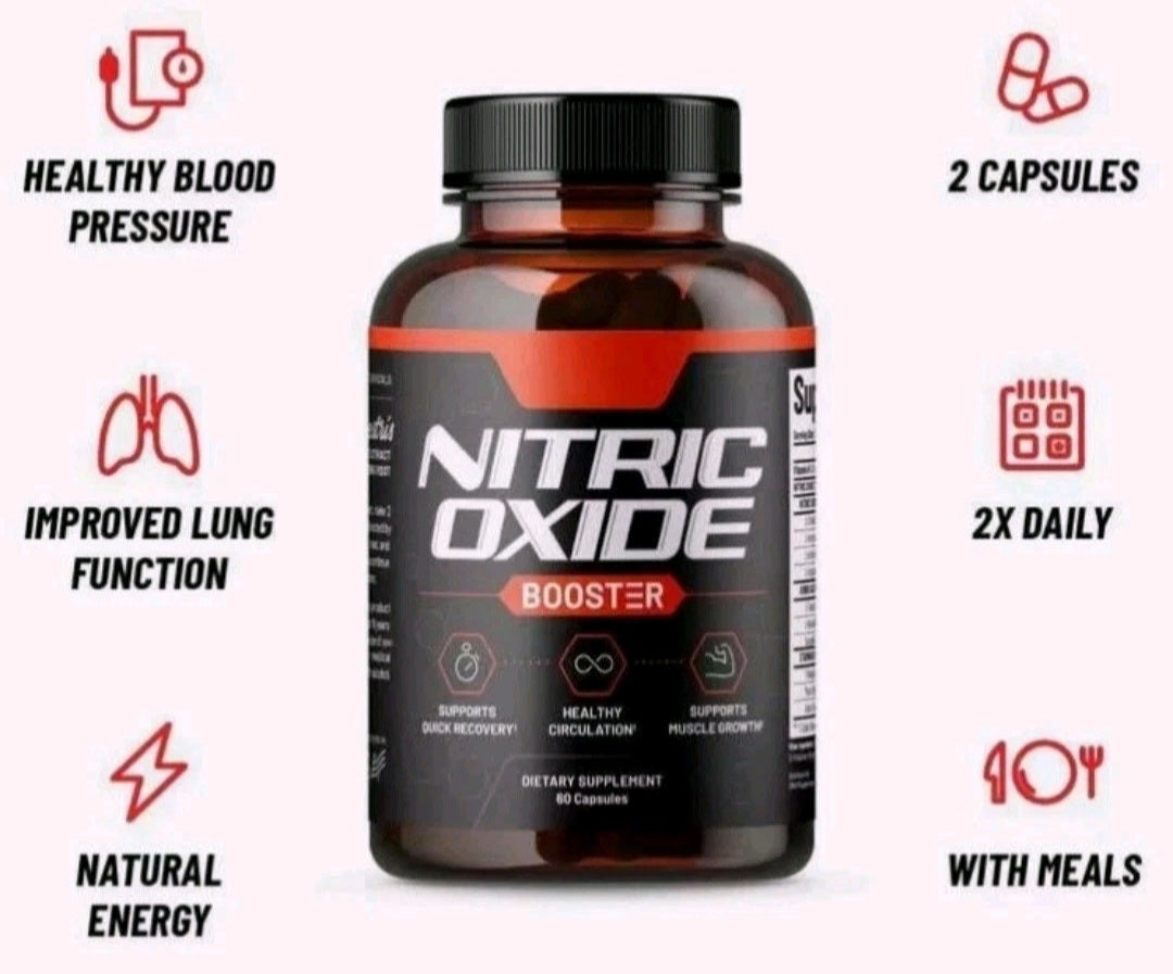 Nitric Oxide Booster bottle beside illustrated feature and intake callouts.